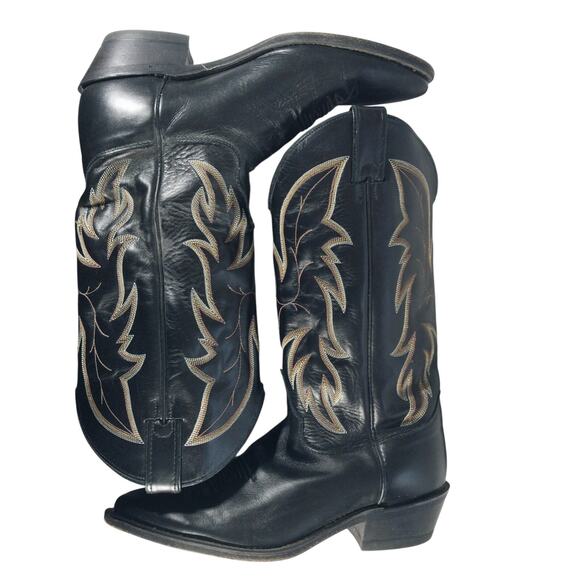 JUSTIN! BLACK GENUINE LEATHER, WHITE & GOLD FANCY STITCHED COWBOY BOOTS! SZ 9D main image 5